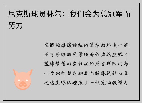 尼克斯球员林尔：我们会为总冠军而努力